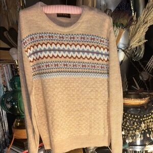 VTG Pine State Beige and Blue Patterned Crewneck Ski Sweater